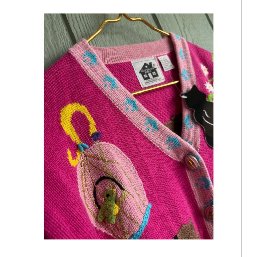 NWT Vintage Stonybrook Knits Cat Cardigan Whimsical Pink Kitten Sweater | Size L - Picture 5 of 7